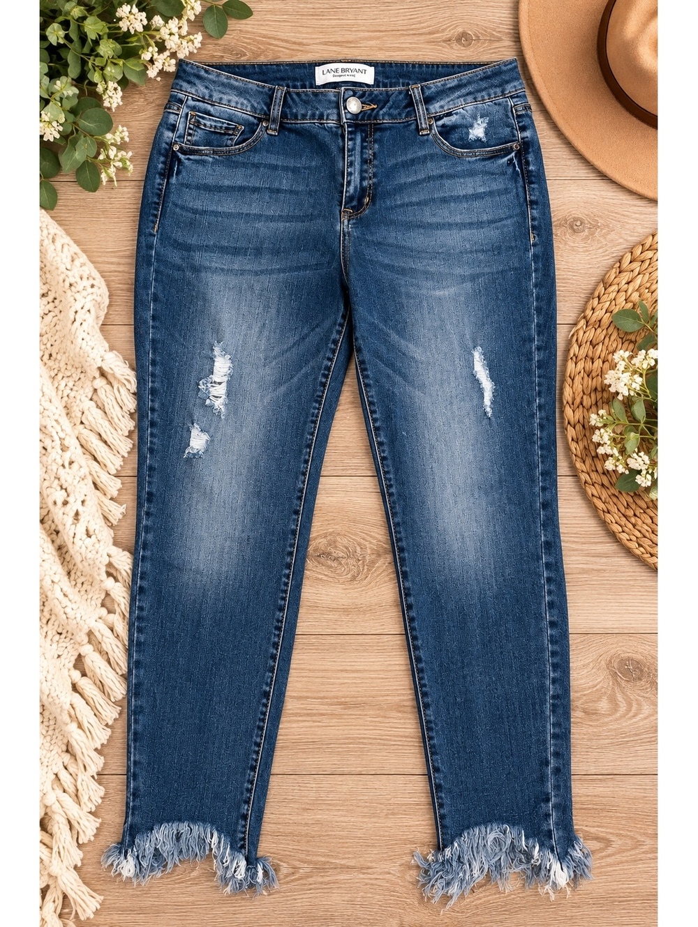 Lane Bryant Size 16 Distressed Skinny Jeans Dark Wash Raw Frayed Hem Stretch
